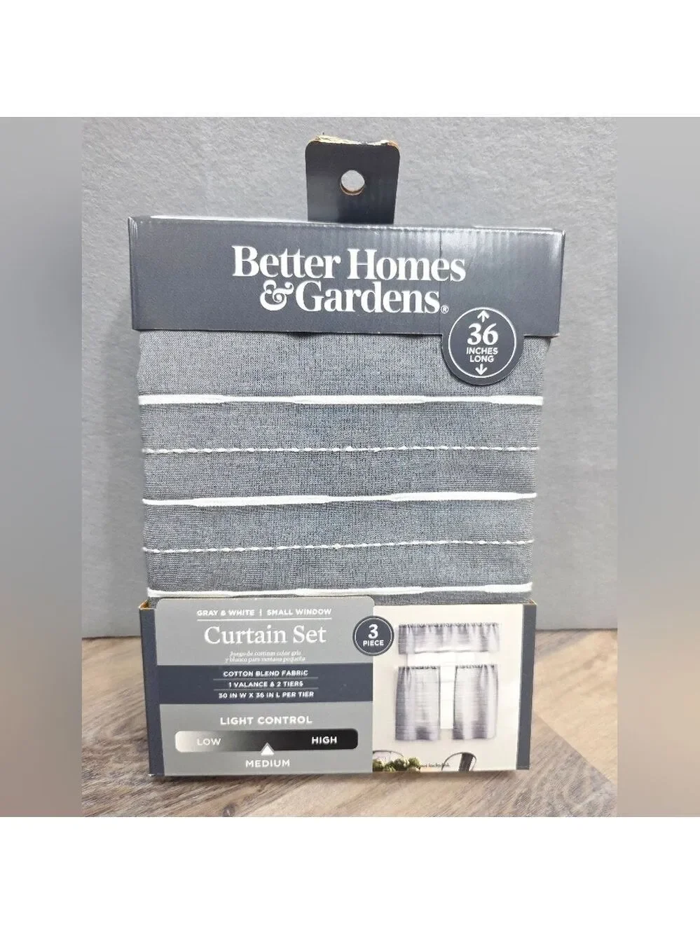 Better Homes & Gardens Gray & White Curtain Set 36” | Small Window | 3-Piece New
